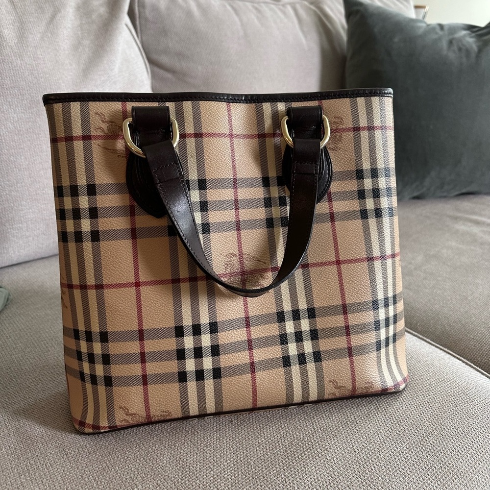 Burberry Beige and Brown Plaid Tote (Button Detached but Included)